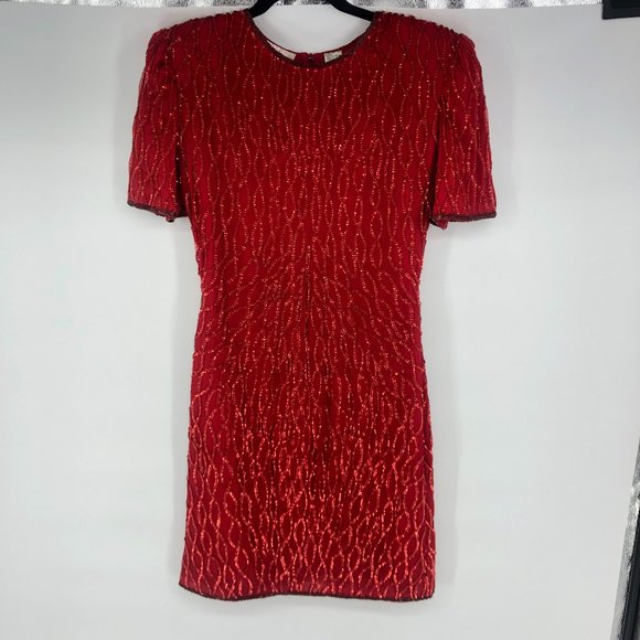 Laurence Kazar red sequin embellished dress Vintage Silk Pattern Petite Small PS - Picture 1 of 9